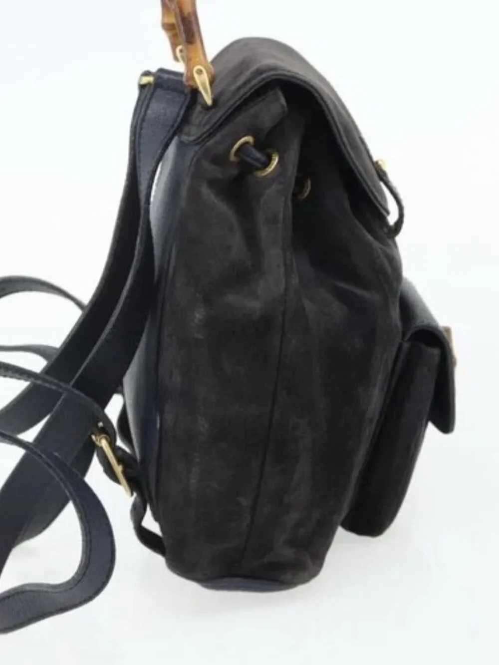 GUCCI Bamboo Backpack Suede Black Gold Auth ep14563